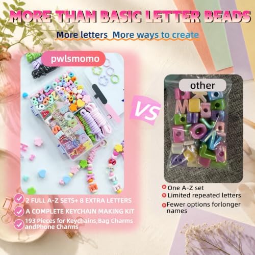 pwlsmomo Large Bubble Letter Beads Keychain Making Kit, 193 PCS Acrylic Bead Set with 2 A-Z Sets, 8 Extra Letters, Number Beads and Large Hole Accents for Bag and Phone Charms（Pastel & Bright） - Image 4