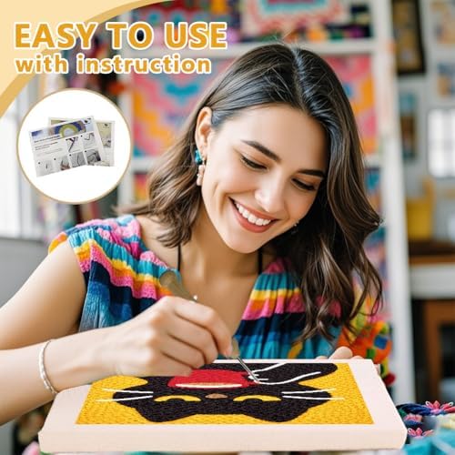 DOODLREAM Cat Drinking Coffee Needle Kit for Beginner, 9.4"x 9.4" Cute Black Cat Punch Stitching Craft Set, Color DIY Embroidery Starter with Printed Frame, Instruction, Threader, Yarn, Pinch Needle - Image 3