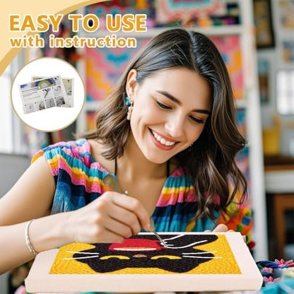 DOODLREAM Cat Drinking Coffee Needle Kit for Beginner, 9.4"x 9.4" Cute Black Cat Punch Stitching Craft Set, Color DIY Embroidery Starter with Printed Frame, Instruction, Threader, Yarn, Pinch Needle - Image 3