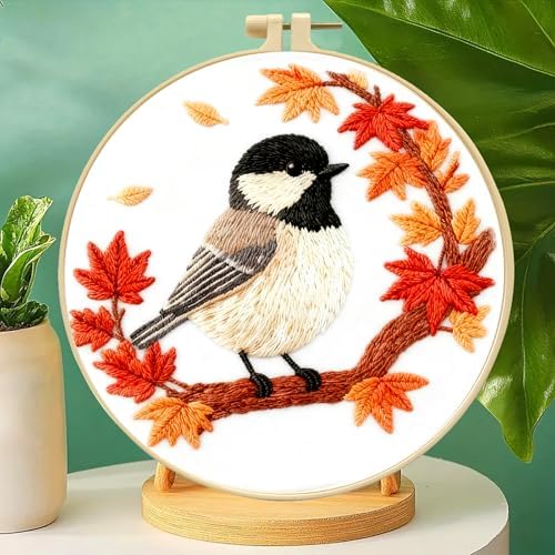 Zhenqing Black-Capped Chickadee Embroidery Kit for Beginners, Autumn Bird Needlework Craft with Pre-Printed Cotton Fabric, Hoop, Threads & Tools, Fall Decor (C0212) - Image 2