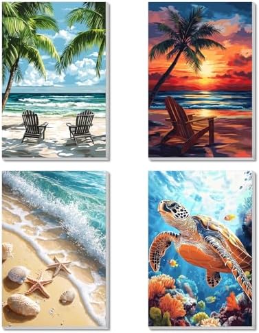 4 Pack Framed Paint by Numbers Kit for Adults Beginner Canvas Painting by Numbers for Adults Beach Easy Adult Paint by Number Kits with Frame Sea Turtle Watercolor Painting by Number 8x12 Inch by Unknown