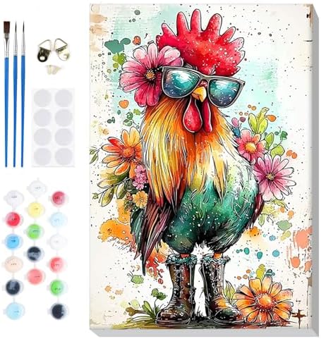 Bowetile Framed Paint by Numbers Chicken for Adults Beginners, Adults' Paint-by-Number Rooster Kits, Easy Adult Paint by Number Kits on Canvas, Acrylic Animals Number Painting for Home Decor, 8x12in by BOWETILE