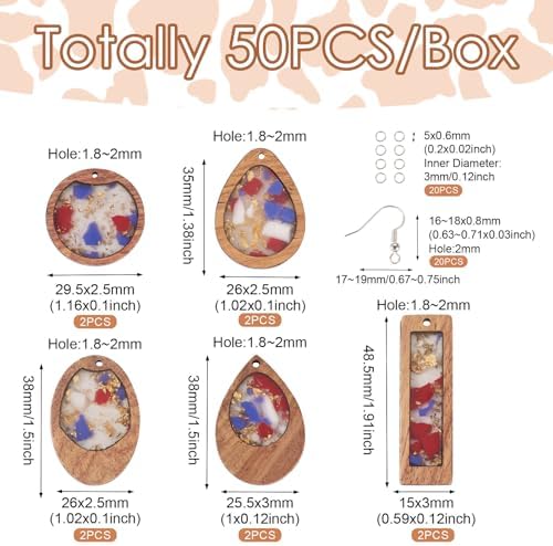 Boutigem 50Pcs Geometrical Wood Earring Pendant Set with Teardrop Flat Round Rectangle Oval Resin Wood Statement Charms Earring Hooks Jump Rings for Vintage Jewelry Making Supplies - Image 2