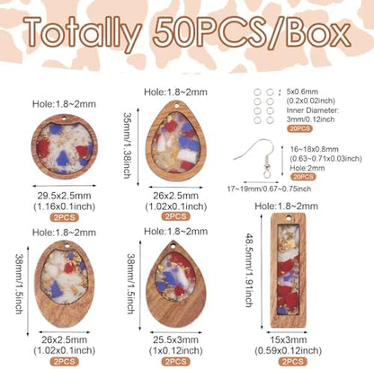 Boutigem 50Pcs Geometrical Wood Earring Pendant Set with Teardrop Flat Round Rectangle Oval Resin Wood Statement Charms Earring Hooks Jump Rings for Vintage Jewelry Making Supplies - Image 2