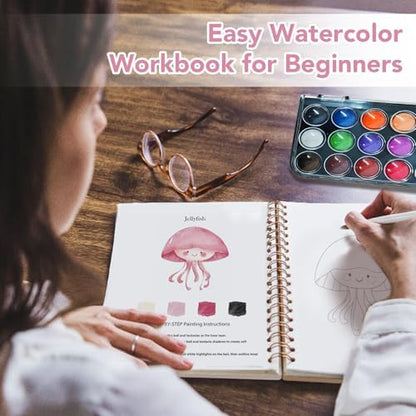 Easy Watercolor Workbook for Beginners - 12 Beautiful Step-by-Step Paintings Water Coloring Book, Includes 18 Colors Paints, Relaxing Art Projects and Creative Gift for Adults & Teen (Marine Animals) - Image 2