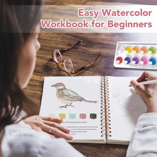 Easy Watercolor Workbook for Beginners - 12 Beautiful Step-by-Step Paintings Water Coloring Book, Includes 16 Colors Paints, Relaxing Art Projects and Creative Gift for Adults & Teen (Birds) - Image 2