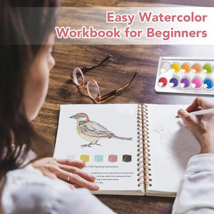Easy Watercolor Workbook for Beginners - 12 Beautiful Step-by-Step Paintings Water Coloring Book, Includes 16 Colors Paints, Relaxing Art Projects and Creative Gift for Adults & Teen (Birds) - Image 2