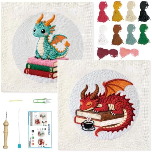 BEUNITONE 2PCS Punch Needle Kits with Dragon Book Pre-print Pattern Easy for Beginners, DIY Craft Embroidery Needlepoint Kits for Adults with Hoop Punch Needle Set for Craft Lovers Home Decor 7.9x7.9" by BEUNITONE