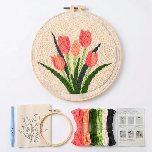 ZMHKJZDQ Punch Needle Kits for Beginners,DIY Punch Needle Embroidery with Fabric, Hoops, Yarns and Sewing Needles for Adults Children Festival Gift and Home Decor, 20x20cm (Tulip) - Image 2