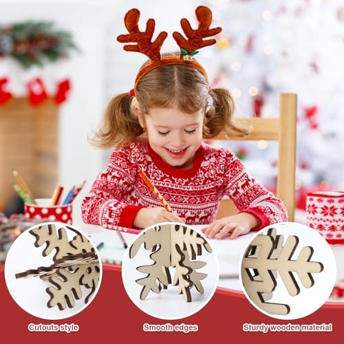 COCHIE DIY 3D Snowflake Wood Crafts to Paint, Paintable Unfinished Wooden Slices for Craft, Winter Snowflakes Cutouts Ornaments for Painting Decorations (24 PCS) - Image 3