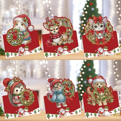 6 Pcs DIY Christmas Animal Diamond Art Painting Greeting Cards with Envelopes, Special Shaped Gem Postcards Kit for Adults, Xmas Holiday Gifts Stocking Stuffers Winter Decor (Mouse Tiger Deer Cat Dog) - Image 6