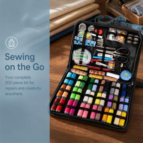 Huacan Portable Sewing Kit for Adults Beginners, 202PCS Complete Sewing Supplies with Color Threads, Tailor Scissors, Needles, Buttons, Travel Emergency Hand Sewing Set - Image 6