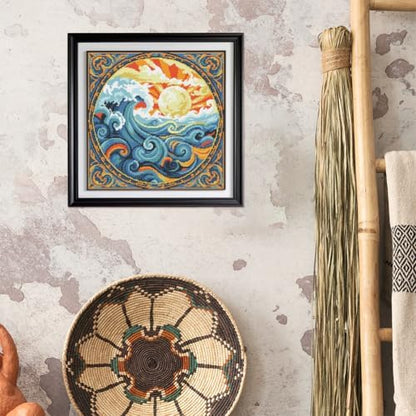 FREEBLOSS 11CT Stamped Cross Stitch Kits Sunrise&Waves Cross Stitch Wall Hanging Kit Complete Embroidery Kits with Instruction for Needlepoint Adults Wall Art Decoration 18 * 18in/45 * 45cm - Image 7