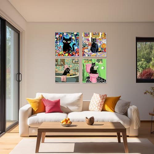 NAIMOER 4 Pack Black Cat Paint by Numbers Kits for Adults Beginner with Wooden Framed, Color by Numbers on Canvas Painting Kits for Adults, Easy Paint DIY Acrylic for Home Wall Decor 8X8 Inch - Image 2