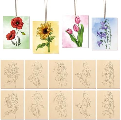 COCHIE 10 Pieces Large Flowers Unfinished Wood Crafts to Paint for Adults, Bulk Predrilled Wooden Ornaments for Painting, Tulips Flower Paintable Wood Slices Craft Supplies with Ropes by COCHIE