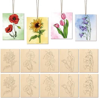 COCHIE 10 Pieces Large Flowers Unfinished Wood Crafts to Paint for Adults, Bulk Predrilled Wooden Ornaments for Painting, Tulips Flower Paintable Wood Slices Craft Supplies with Ropes by COCHIE