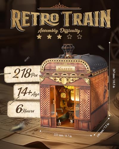 Book Nook Kit, 3D Wooden Puzzles for Adults, DIY Miniature House Kit for Adults, Booknook with LED Light, Gifts for Family, Friends and Book Lovers, Bookshelf Decor(Retro Train) - Image 2