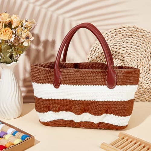 ORIGACH DIY Crochet Handbag Kit for Beginners, Dark Brown Striped Tote Bag with PU Leather Band and Base, Complete Crochet Set to Make a Bag, Include Yarn, Hooks, Markers and Instruction - Image 6