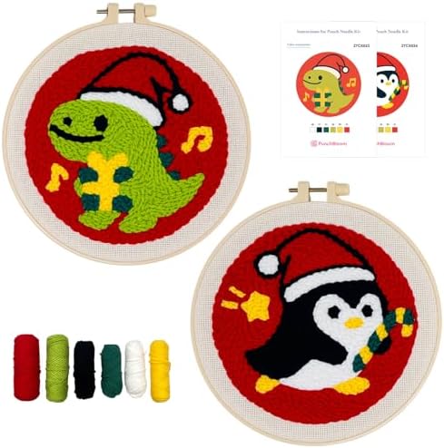 Christmas Punch Needle Kit for Adult Beginner, Easy Punch Embroidery Starter Set with Instruction, Fun DIY Needle Point Craft for Home Decor & Holiday Gift Idea(2pcs Dino & Penguin) by PunchBloom