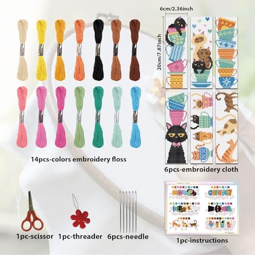 ORIGACH 6 Set Cat Teacup Cross Stitch Bookmark Kit for Beginner - Image 2