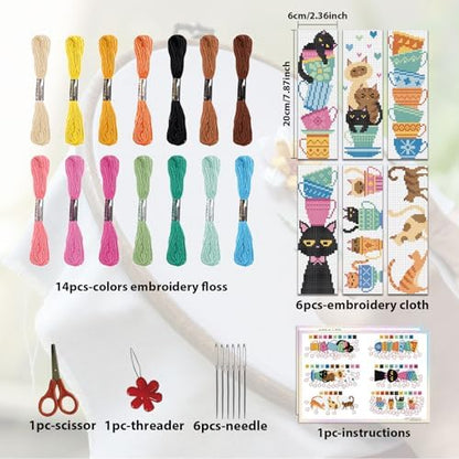 ORIGACH 6 Set Cat Teacup Cross Stitch Bookmark Kit for Beginner - Image 2