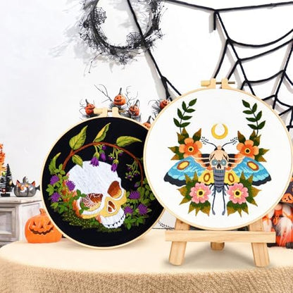 Gothic Skull Embroidery Starter Kits for Beginners Adults, Halloween Stamped Cross Stitch Kit for Beginners Adults, Flowers Hand Embroidery Needlepoint Kit, 2 Embroidery Hoop (Attached Video Tutorial) - Image 3