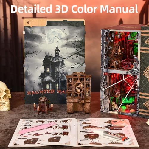 fifijoy Haunted House Halloween Book Nook Kit, Spooky Shelf Insert Bookshelf Diorama Horror Art Miniature Decor, Creepy Scary Wooden Puzzle Booknook (Haunted Mansion) - Image 4