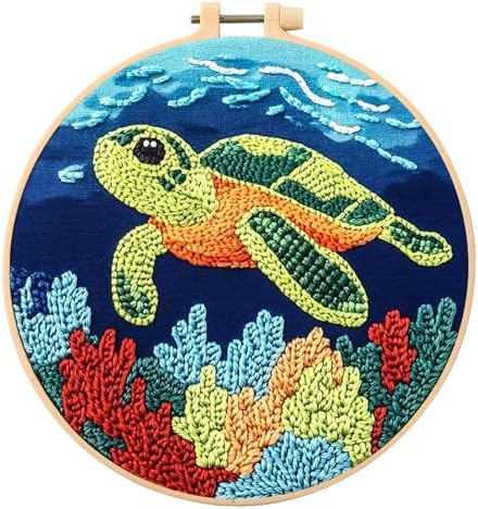 SmoothNovelty Turtles DIY Punch Needle Kits for Beginners with Hoop Embroidery Fabric Instructions Thread Punch Needle Craft Set Easy for Starter Adults and Children Gift Decoration, 20x20cm-4 by SmoothNovelty