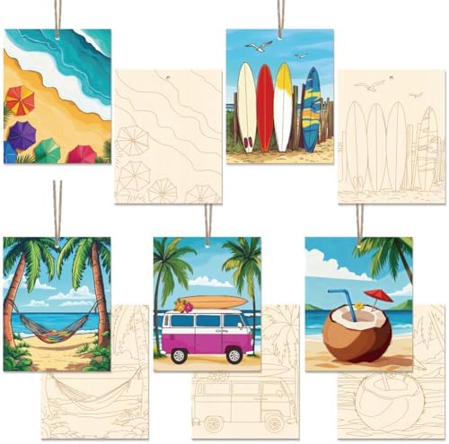 15 Pcs Unfinished Wood Crafts to Paint for Adults, 5.9x4.7 Inch Beach Paintable Wood Slices Craft Supplies with Ropes, Bulk Predrilled Wooden Ornaments for DIY Painting Craft Decor by GLASSWINDS
