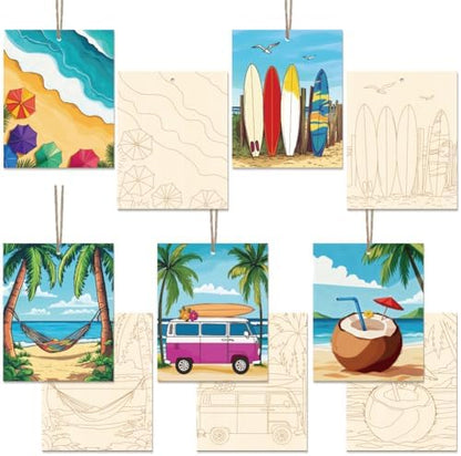 15 Pcs Unfinished Wood Crafts to Paint for Adults, 5.9x4.7 Inch Beach Paintable Wood Slices Craft Supplies with Ropes, Bulk Predrilled Wooden Ornaments for DIY Painting Craft Decor by GLASSWINDS