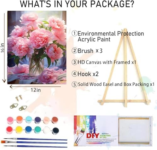 MIRCVSH Flowers Paint by Numbers Kit for Adults Framed,Pink Rose Paint by Number for Adults,Adults' Paint-by-Number Kits on Canvas with Wooden Easel for Home Wall Decor 12X16 Inch - Image 2