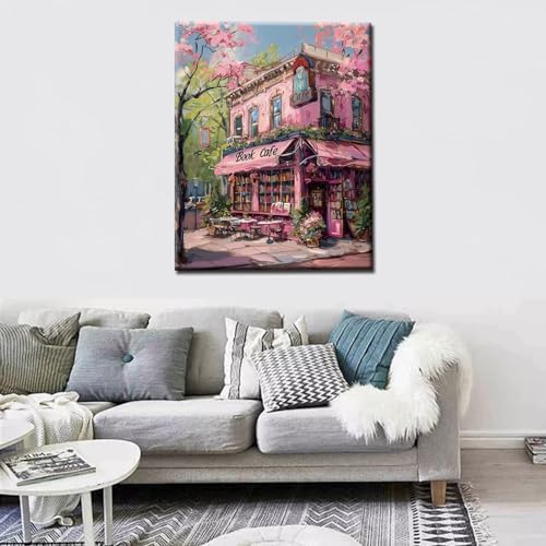 Pink Book Cafe Paint by Numbers Kits for Adult Paint by Numbers Paint by Numbers Watercolor Book Flowers Painting Kits on Colored Canvas Art Set Gift for Home Decor Without Framed 16''W x 20''H - Image 3
