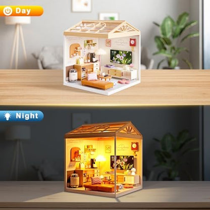 Modern Living Room DIY Miniature House Kit for Adults, 3D Dollhouse with LED Light & Dustproof Door, Stackable Connectable Display Case, Creative Gift for Home Decor Lovers Teens Women - Image 2