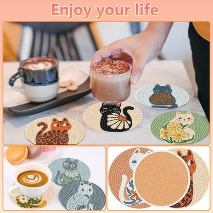 8 Pcs Cat Diamond Art Coasters Kit, Flower Diamond Painting Coasters with Holder, 5D Gem Art Coaster, DIY Crafts Diamond Dots for Gift Home Decor - Image 4