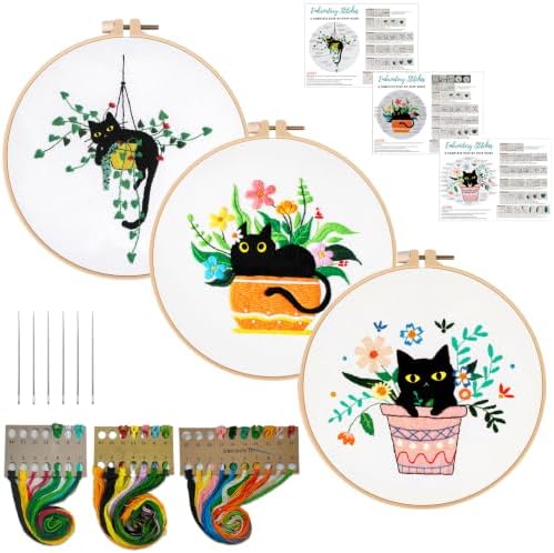 Nuberlic 3 Pack Embroidery Kit for Beginners with Cat Pattern by Nuberlic