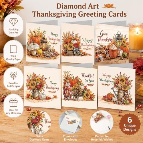 BAYUNOE 6Pcs Thanksgiving Greeting Card DIY Diamond Art Painting Greeting Cards Special Shaped Diamond Autumn Blessing Folding Card Kit Arts Crafts for Birthday Festival-Thanksgiving - Image 2