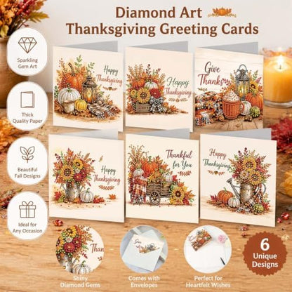 BAYUNOE 6Pcs Thanksgiving Greeting Card DIY Diamond Art Painting Greeting Cards Special Shaped Diamond Autumn Blessing Folding Card Kit Arts Crafts for Birthday Festival-Thanksgiving - Image 2