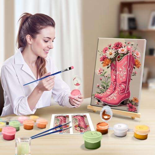 JOOZ Framed Paint by Numbers Kit for Adults, Pink Cowboy Boots Paint by Number with Easel, DIY Flowers Oil Painting by Numbers, Adult Paint by Number Kits Framed Canvas for Home Wall Decor 8x12 Inch - Image 4