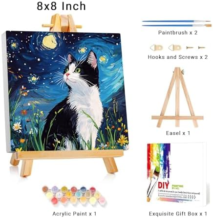 Framed Paint by Numbers Kit for Adults Beginner & Kids Ages 8-12 Cat Adult Paint by Number Kits on Canvas with Easel Starry Night Painting by Numbers for Adults with Frame DIY Painting Kits 8x8 Inch - Image 2