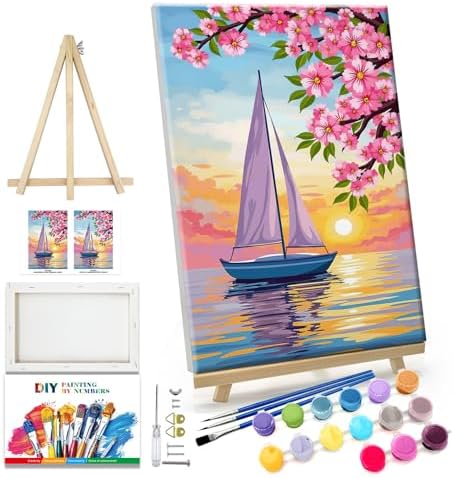 JOOZ Sailboat Paint by Numbers Kit for Adults with Frame Sunset Paint by Number with Easel Flowers Adult Paint by Number Kits Framed Canvas Oil Painting Kits for Home Wall Decor 8x12 Inch by Jooz