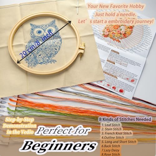 FONNUY Floral Owl Embroidery Kit for Beginners, DIY Handmade Flower Animal Embroidery Set with Hoop, Stamped Cross Stitch Kit for Adults, Unique Home Wall Art Decor & Craft Gift (Orange) - Image 5