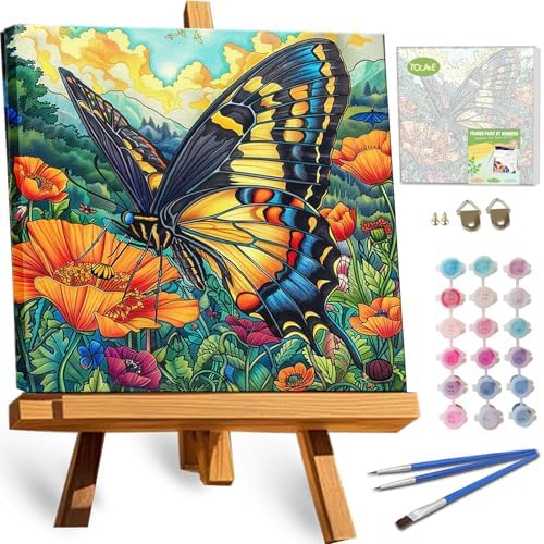 TOCARE Framed Paint by Numbers Kit for Adults & Kids Ages 8-12, 12x12Inch Colorful Butterfly Paint by Numbers with Frame, Flower Paint by Number Framed Canvas for Animal Lovers (Without Easel) by TOCAREDirect
