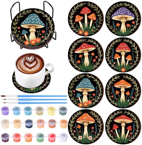 Reallnaive 8 Pcs Mushroom Paint by Numbers Kit for Adults Wooden Coasters by Reallnaive
