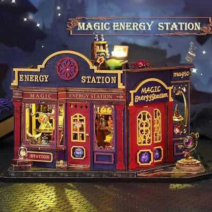 DIY Book Nook Kit - Miniature Dolls House Kit with Furniture and LED Light, 3D Puzzle Wooden Art Bookends, Model Kits for Adults to Build (Magic Energy Station) - Image 2