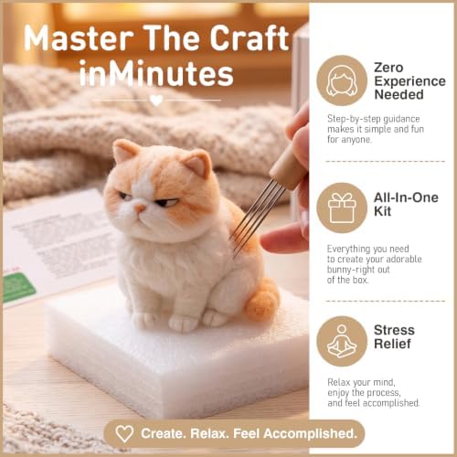 FACE N FACE DIY Needle Felting Kit Cute Grumpy Exotic Shorthair Cat – Needle Felting Starter Kit with Fiber Roving, Needles, Felting Pad & Instructions | Felted Cat Kit for Beginners Adults - Image 3