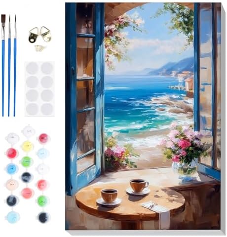 Bowetile Framed Landscape Paint by Numbers Kit for Adults, Adults' Paint-by-Number Kits on Canvas, Painting by Numbers Seaside, Acrylic Number Painting for Home Wall Decor, 8x12in by BOWETILE