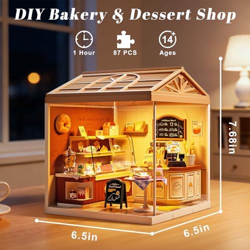 Bread Shop Miniature House Kit with LED Light, 87 Pcs DIY Mini Dollhouse with Roof & Dust Covers for Mini Figures Tiny House Toy for Adults - Image 3