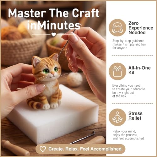 DIY Needle Felting Kit Cute Orange Tabby Cat – Needle Felting Starter Kit with Fiber Roving, Needles, Felting Pad & Instructions | Felted Cat Kit for Beginners Adults | DIY Craft Gift Home Decoration - Image 3