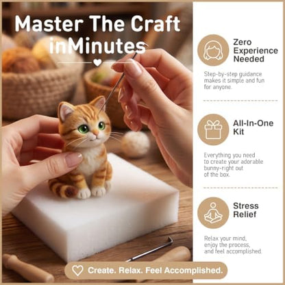 DIY Needle Felting Kit Cute Orange Tabby Cat – Needle Felting Starter Kit with Fiber Roving, Needles, Felting Pad & Instructions | Felted Cat Kit for Beginners Adults | DIY Craft Gift Home Decoration - Image 3