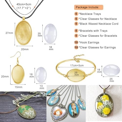 J6QIHANG Pendant Trays Set with Glass Cabochon for Jewelry Making, Oval - Image 2
